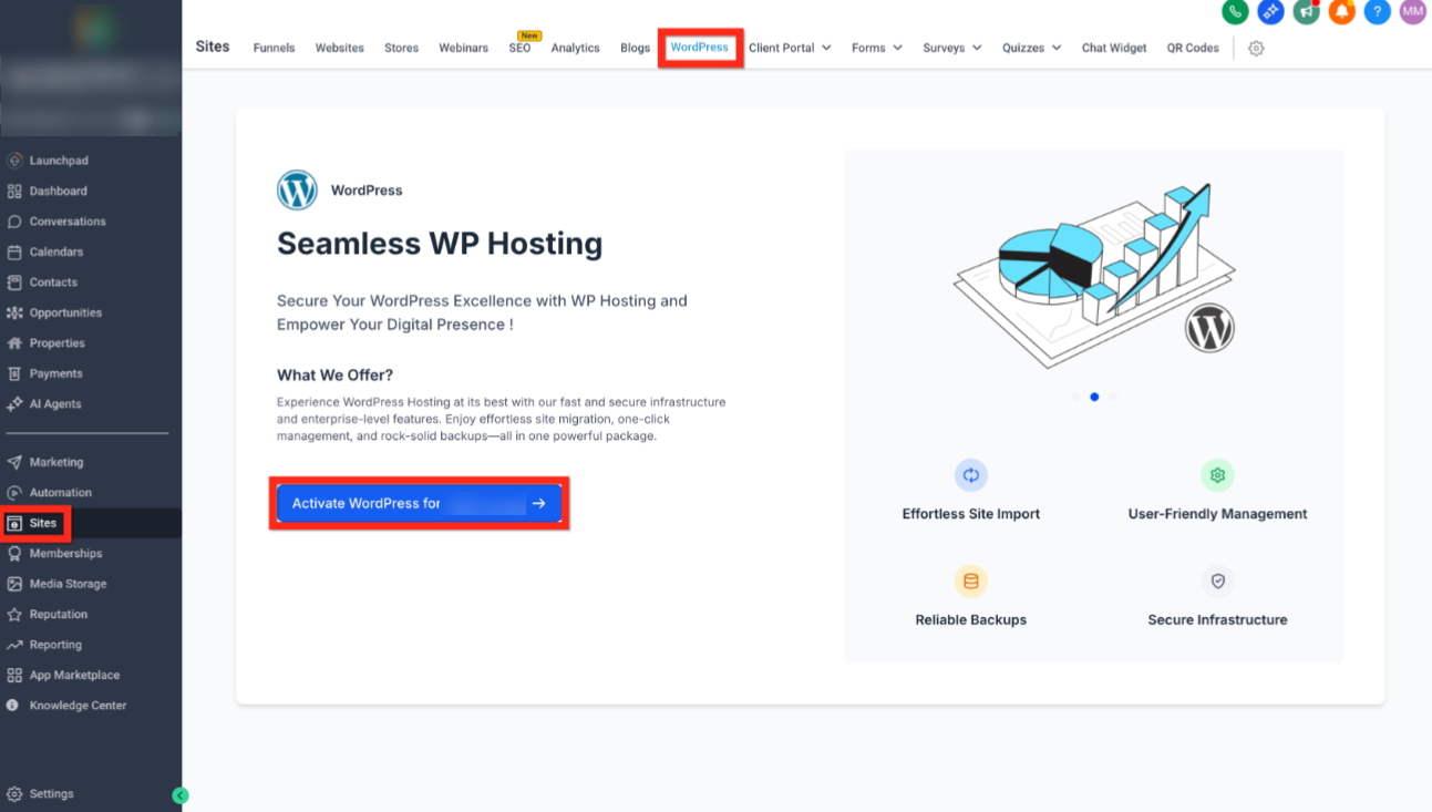 Step 2: Activate WordPress - Sites > WordPress navigation