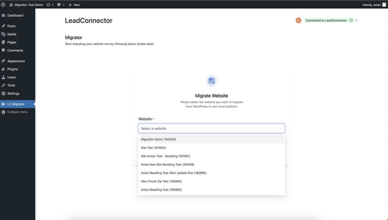 Step 7: Select Your Website to Migrate